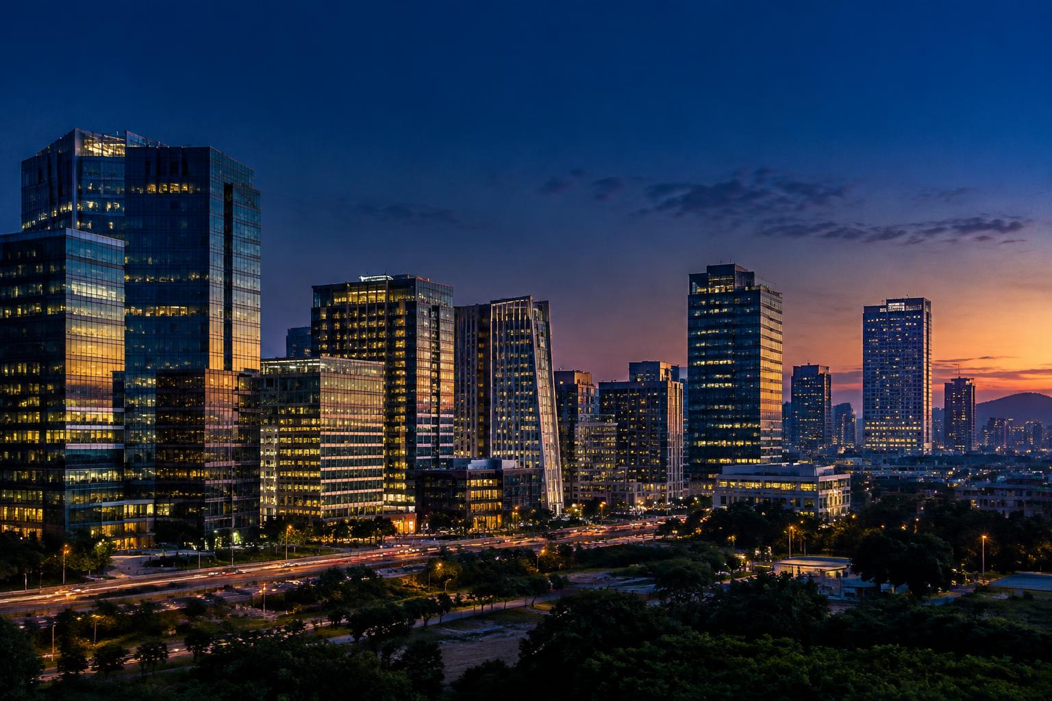 Illuminated city skyline at dusk